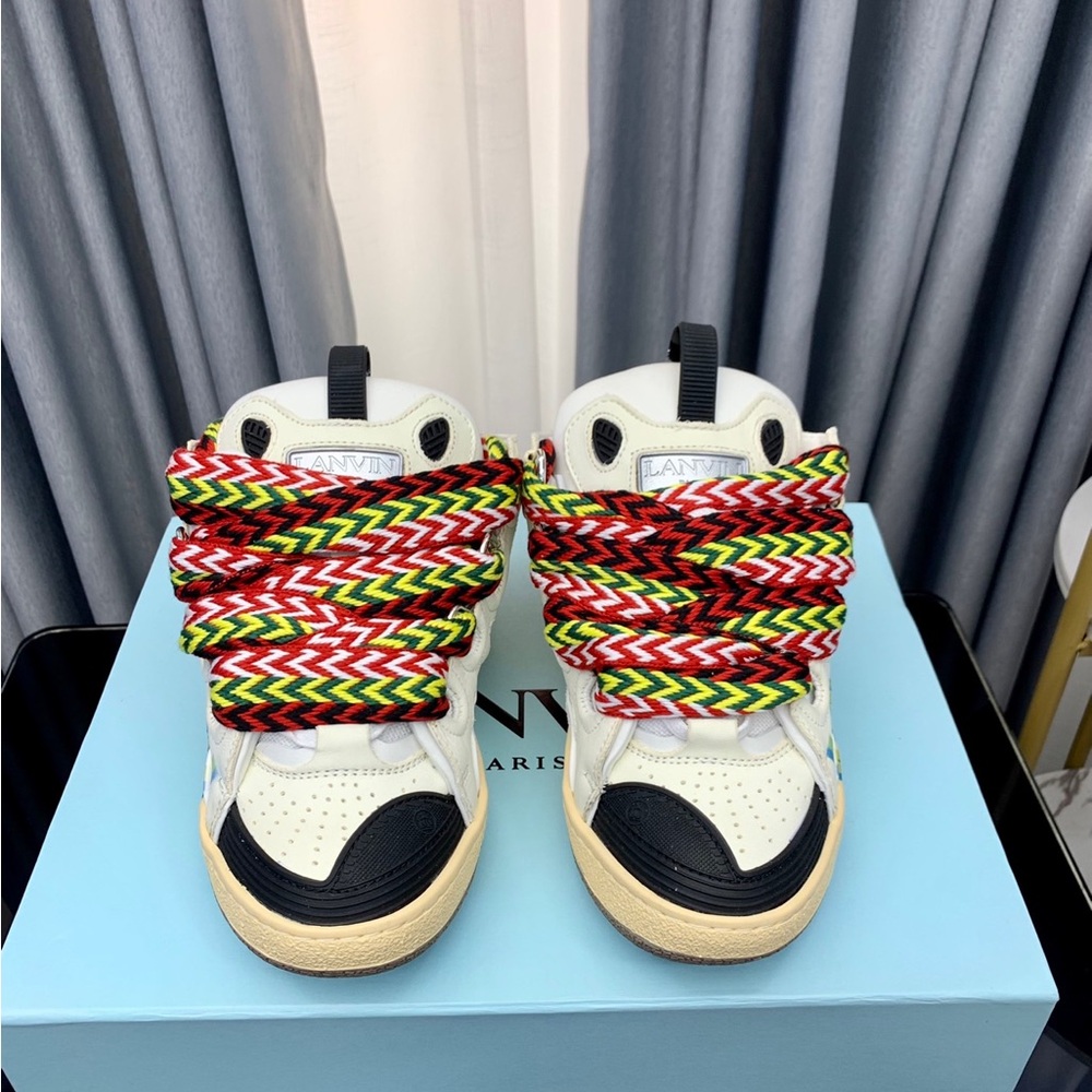 Lanvin Kids White Sneakers with Black Toe and Multicolor Braided Laces - Picture 3 of 9